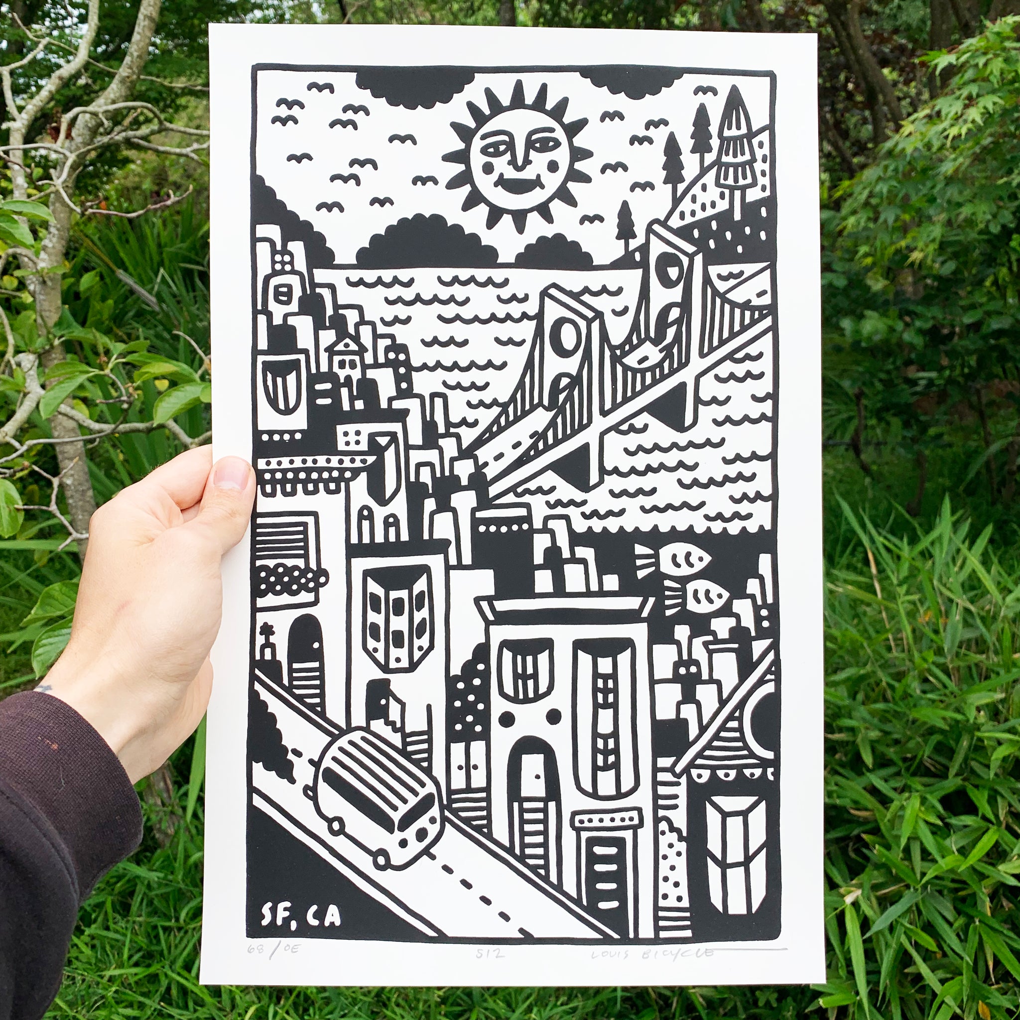 Screen printed poster by artist Louis Bicycle. Drawing of San Francisco, CA.