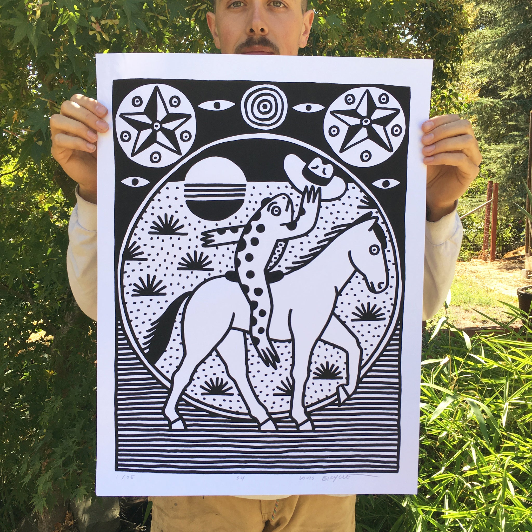 Cowboy frog riding a horse. Screen printed poster by Louis Bicycle.