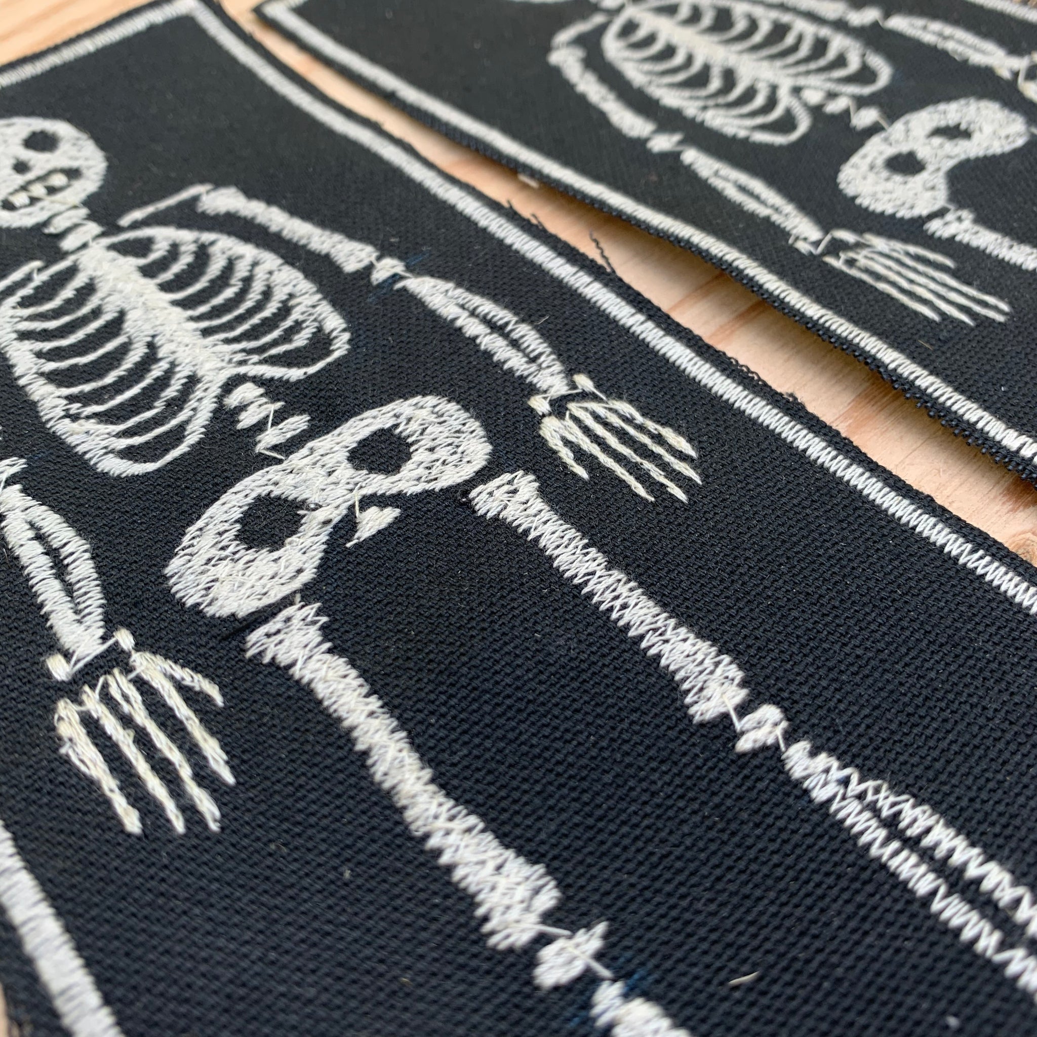 Freehand embroidered skeleton patch by artist Louis Bicycle