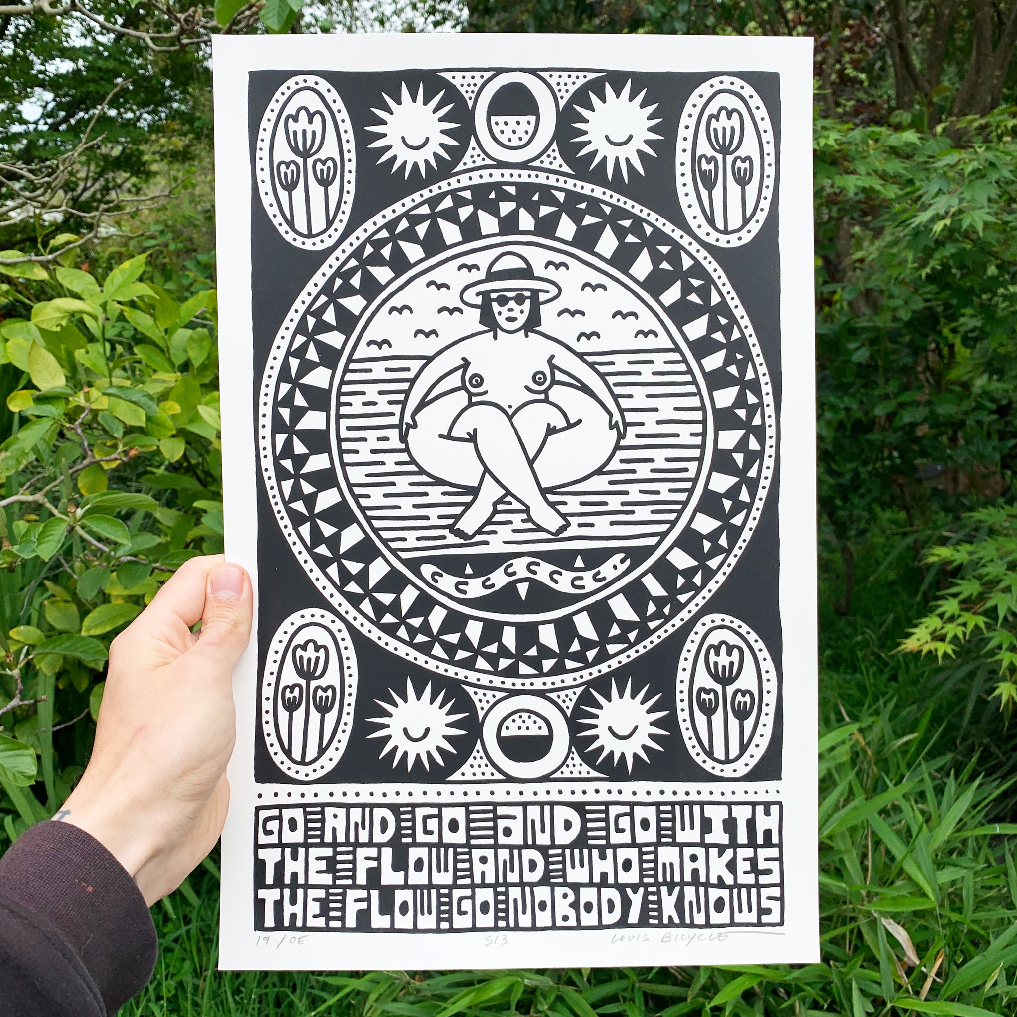 Screen printed poster by artist Louis Bicycle. Naked woman floating in tube.